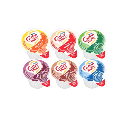 GAGL Coffee mate Liquid Creamers .375oz Variety Pack (6 Flavor) 180 Count includes Original, French Vanilla, Irish Crème, Hazelnut, Vanilla Caramel, Italian Sweet Crème. Includes 20 sugar packets