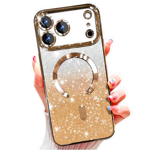 Misscase for iPhone 17 Pro Case Compatible with MagSafe,Built-in Camera Lens Protector Full Protection Soft TPU Anti-Scratch Anti-Fingerprint Magnetic Glitter Slim Case Cover 6.3 inch Gold