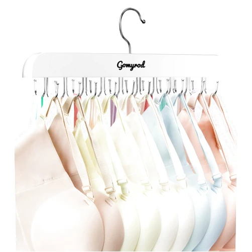 Gomyrod Bra Hanger for Closet, 1 Pack Tank Top Hanger w/20 Hooks Capacity Foldable Wood Space Saving Hangers, 360°Rotating Closet Organizers and Storage for Dorm & Apartment for Bra Scarf Ties(White)