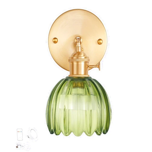 Generic Vintage Wall Sconces with Amber Tulip Glass Lampshade 180 Degree Adjustable Brass Sconces Hradwired Modern Wall Lighting Fixture with Switch for Bedside Bedroom Doorway(Tulip Green,Battery Operated)