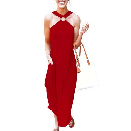 ANRABESS Women Summer Halter Neck Maxi Dress Sleeveless Casual Split Side Beach Sundress Travel Vacation Outfits with Pockets