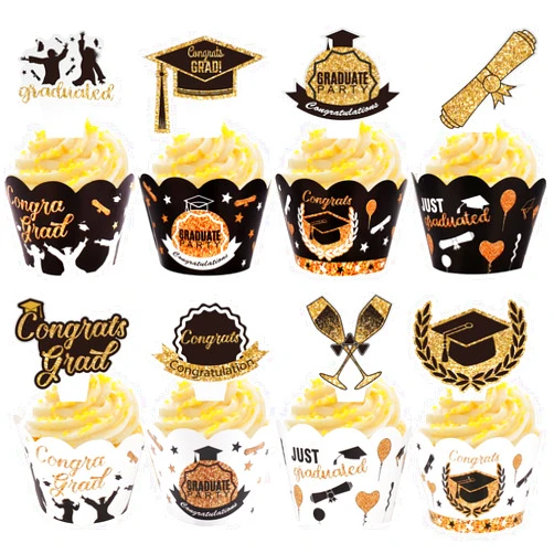 AIERSA 96Pcs Graduation Cupcake Toppers,Graduation Cupcake Decorations with Cupcake Wrapper for Class of 2024 Graduation Party Decorations Supplies,Black Gold