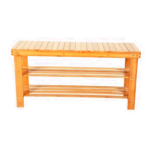 HTJSJT 90cm Strip Pattern 3 Tiers Bamboo Stool Shoe Rack Storage Shoe Bench Wood Color