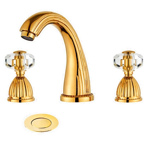 Yannlii Shiny Polished Gold Widespread Bathroom Sink Faucet,Two Crystal Handle Three Hole Brass Lavatory Vanity Faucet,8-16 Inch Basin Mixer Tap with Pop Up Drain Assembly