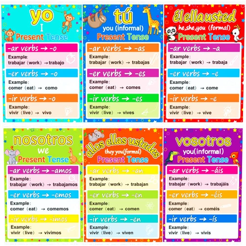 gisgfim 6 Pieces Spanish Verb Conjugation Posters Color Spanish Grammar Posters Decor for Elementary Middle and High School Spanish Classroom Decorations