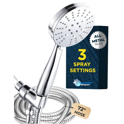 HammerHead Showers® ALL METAL 3-Spray Handheld Shower Head with Long Hose and Holder - CHROME - 2.5 GPM High Pressure Shower Head with Handheld Sprayer - WIDE, MASSAGE, and MIST Sprays