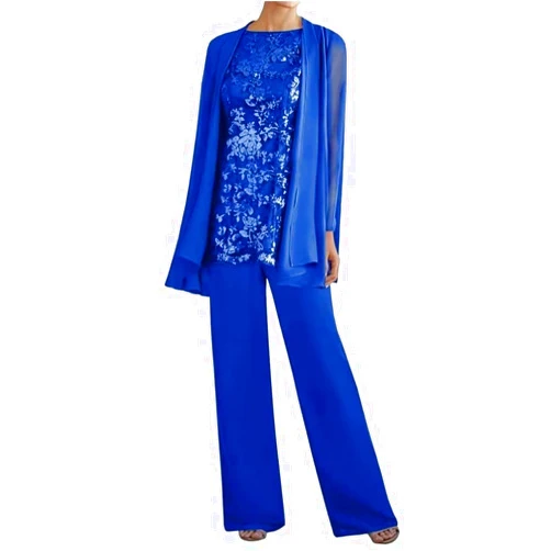 EcubMaker 3 Pieces Mother of The Bride Pant Suits with Jacket Long Sleeves Lace Chiffon Outfit Formal Evening Gowns for Wedding MM0150