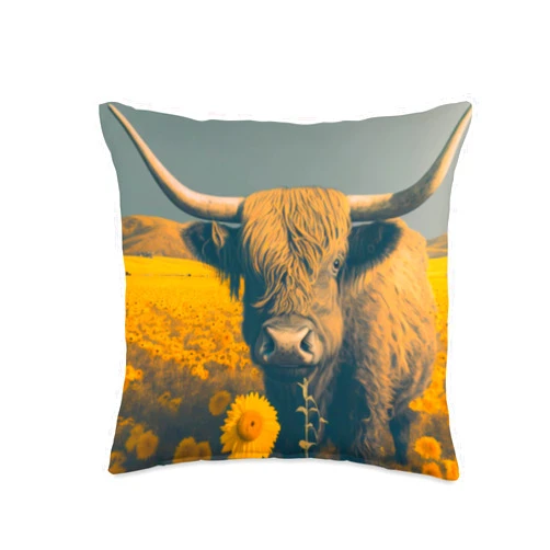 The Highland Cow lover gifts.Co Sunflower Longhorn Roza Bohneur Art Painting mom Cow dad Throw Pillow, 16x16, Multicolor
