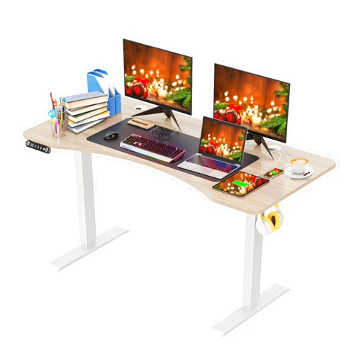 KORGOL Electric Standing Ergonomic Desk 59 x 24 Inches Adjustable Height Sit Stand Up Desk for Home Office Computer Desk with Memory Preset, Headphone Hook (White Frame/Oak Top)