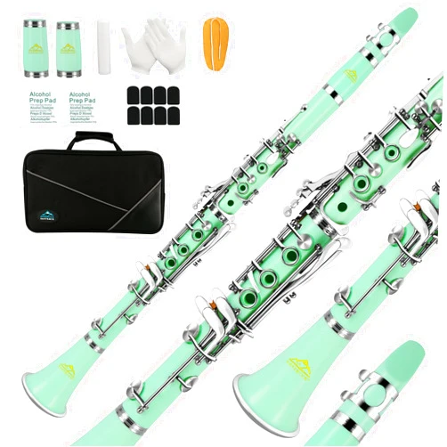 EASTROCK Clarinet Bb Flat 17 Nickel Keys Green Beginner Clarinet for Student with 2 Barrels Hard Clarinet Cas and Clarinet Cleaning Kit.