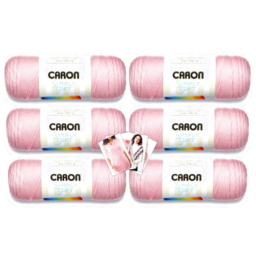 Caron Simply Soft Yarn - 6 Pack with Pattern Cards in Color (Soft Pink)
