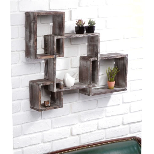 J JACKCUBE DESIGN Rustic Wood Shelves -Floating Intersecting Wall Shelves with 4 Cubes, Wall-Mounted Square, Antique Style Shadowbox, Decorative Collection Display Organizer. MK512A