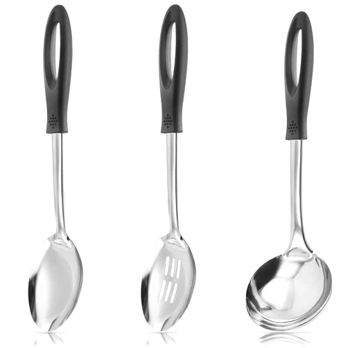 MUJINON 12.5-in Large Serving Spoons Set, 18/0 Stainless Steel Kitchen Cooking Utensils Set includes Soup Ladle, Serving Spoon, Slotted Spoon, Basting Party Wedding Housewarming, Pack of 3