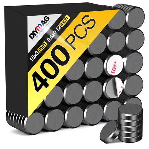 DIYMAG 400Pcs Small Ceramic Magnets for Crafts, Round Disc Magnets with Adhesive Backing Strong Magnets for Refrigerator Craft Hobbies Science Projects School Notice Boards, 0.6inch D x 0.12inch H