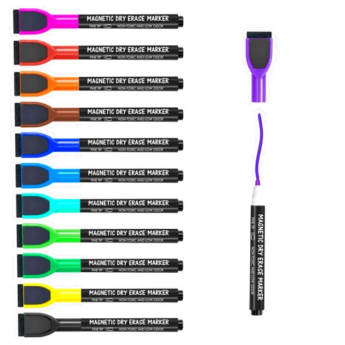 maxtek Magnetic Whiteboard Markers - 12 Count Colorful Fine Tip Dry Erase Markers with Eraser for Kids, Low Odor Thin Markers for Calendar Boards