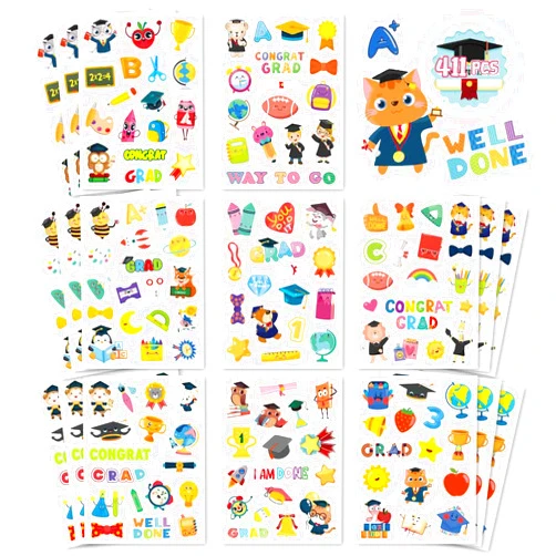 DUJAA Kindergarten Graduation Sticker, 411PCS Colorful Graduation Stickers for Elementary School Classroom, Boy Girl Preschool Graduation Party Supply