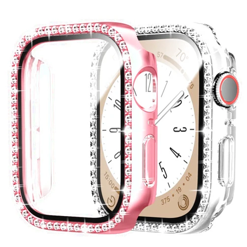 Cuteey 2 Pack Bling Case with Tempered Glass Screen Protector for Apple Watch SE 2 Series 6/5/4 SE 40mm, All Round Full Protective Hard PC Cover Bumper for iWatch Accessories, Pink+Clear