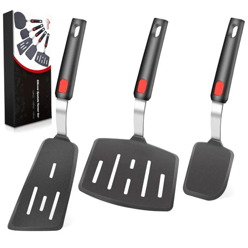 Hotec Silicone Spatula Turner for Nonstick Cookware, Cooking Spatula 600°F Heat Resistant Large Flexible Rubber Spatula Set of 3, Kitchen Utensils for Flipping Eggs, Burgers, Pancakes, Crepes