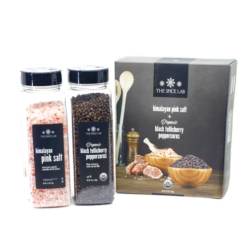 The Spice Lab Pink Himalayan Salt Coarse 2.2 Pound Tub & USDA Organic Tellicherry Peppercorns 18oz Tub - Combo Salt and Pepper Gift Pack - Peppercorns for Grinder