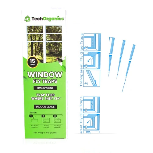 TechOrganics Fly Trap Indoor or Outdoor Usage | Window Fly Traps are Clear & Transparent | Also for Moths, Gnats, Fruit Flies, Spiders and Ants | Easy to Use - Easy to Dispose | Pack of 15