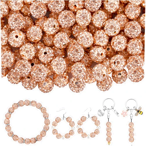 QINJIEJIE 100pcs 10mm Rhinestone Beads for Crafting Gold Champagne Beads Shiny Round Disco Ball Beads Bulk Sparkle Crystal Gray Clay Bead for Necklace Bracelet Earring Making DIY