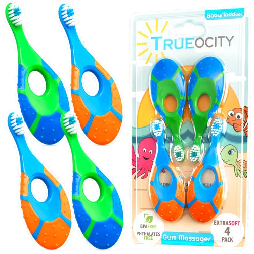 Trueocity Baby Toddler Toothbrush 4 Pack, Soft Bristles, Teething Finger Handle Toothbrushes for 0-2 Years - Training First Set (Blue, Green, Orange) - BPA Free