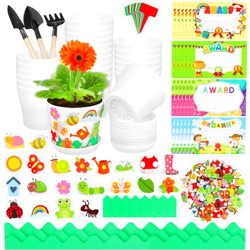 Elcoho 24 Packs Garden Plastic Pot Craft Kit Plant Spring Craft Kits for Kids Flower Pots with 150 Foam Stickers 36 Labels 24 Certificate of Awards 3 Tools Planting Growing Kit for Kids