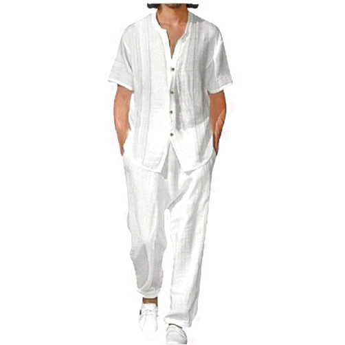 XSZLYTWR Short-sleeve shirt and casual pants two-piece set, new cross-border slim fit fashion solid color men's trendy suit white L
