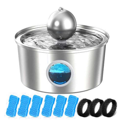 GOOSTOO Cat Water Fountain Stainless Steel:with 6 Carbon Filter+3 Pieces 108oz/3.2L Pet Water Fountain Quiet Cat Fountains with Water Level Window Cat Fountain for Small and Medium-Sized Pets - GOOSTOO