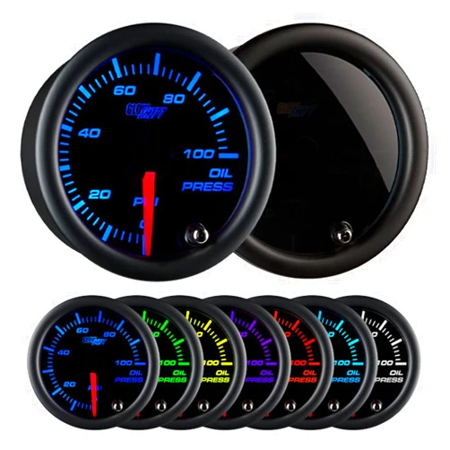 GlowShift Tinted 7 Color 100 PSI Oil Pressure Gauge Kit - Includes 1/8-27 NPT Electronic Sensor - Black Dial - Smoked Lens - for Car & Truck - 2-1/16