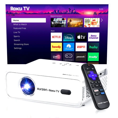 Aurzen Roku TV Smart Projector with Wifi and Bluetooth, Roku Streaming Experience Built-in, 1080P FHD, Dolby Audio, Auto Focus & Keystone, Zoom, Movie Portable Outdoor Mini Projector, White