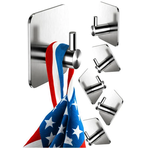 Menz 6-Pack Adhesive Towel Hooks for Bathrooms, Stainless Steel - Durable Self-Adhesive Robe Rack, Adhesive Wall Hooks, Sticky Towel Holder, Waterproof, No Drill