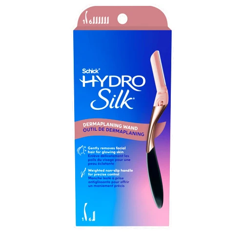 Schick Hydro Silk Dermaplaning Wand, Dermaplaning Tool for Face | Dermaplane Razor for Women Face, Eyebrow Razor, Peach Fuzz Remover, Includes 1 Weighted Metal Handle with 6 Refill Blades