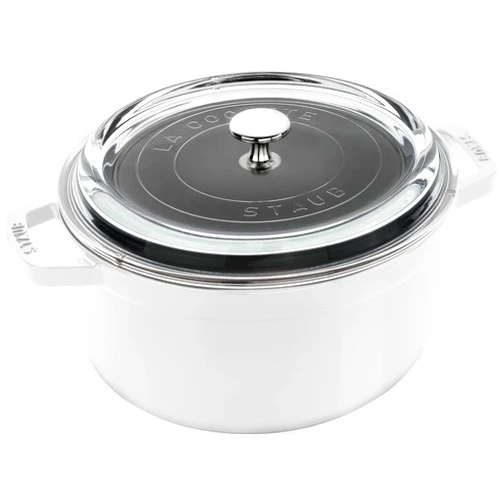 STAUB Cast Iron Dutch Oven 4-qt Round Cocotte with Glass Lid, Made in France, Serves 3-4, White