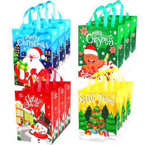 SULOLI 12 Pack Large Christmas Tote Bags with Handles, Reusable Gift Bag Non-Woven Grocery Shopping Totes for Holiday Xmas Party Supplies
