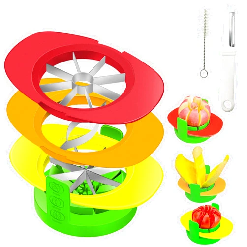 BIGOU Fruit Cutter Slicer, 4 in 1 Apple Slicer with Vegetable Peeler & Cleaning Brush Mango Cutter Corer Remover Tomato Wedges Stainless Steel Heavy Duty Fruit & Vegetable Cutter Easy Kitchen Tool