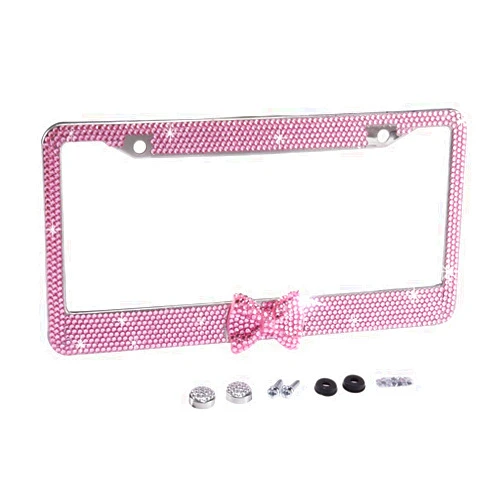 Neobling Fashion USA Universal Pink Frame W/Pink Bowtie Crystal License Plate Frames,Eclusive Bling License Plate Holder,Weather Proof Rhinestone License Plate Cover for Women(1 Frame)