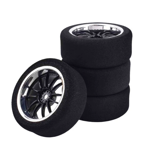 Shaluoman 4Pcs 1/10 On-Road Foam Tires& 6012 Wheel Rims 12mm Hex for HSP HPI RC Racing Car Toy, Black