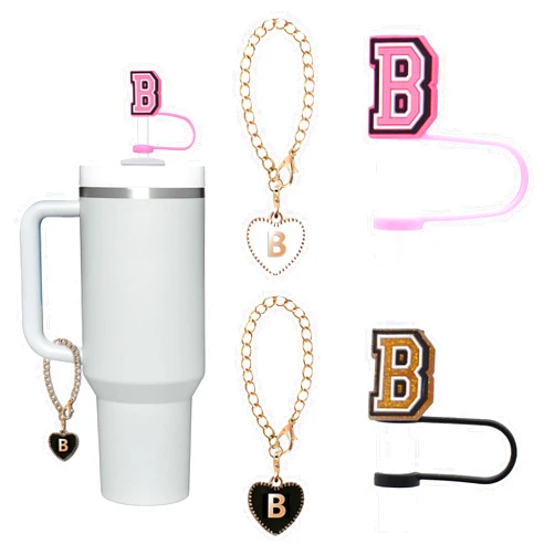 Linmaya Stanley Cup Accessories, 2PCS Letter Stanley Straw Cover with 2PCS Letter Charms for Stanley Cup 30&40 Oz, Initial Letter Straw Topper and Charm For Stanley Tumbler