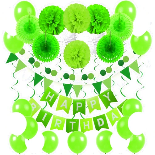 ZERODECO Birthday Party Decoration, Happy Birthday Banner Bunting with 4 Paper Fans Tissue 6 Paper Pom Poms Flower 10 Hanging Swirl and 20 Balloon for Birthday Party Decorations -Green and White