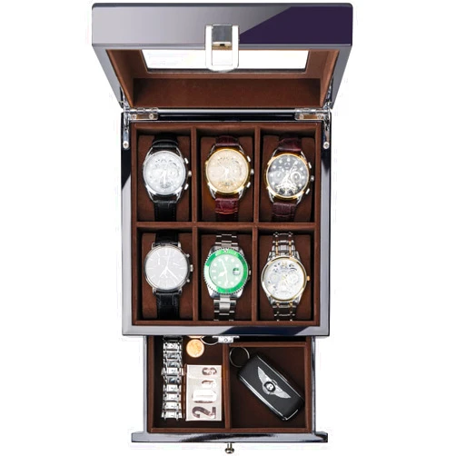ProCase 6 Slots Lacquered Finish Wooden Watch Box for Men, Men’s Watch Organizer with Glass Top, 2-Tier Display Case for Wristwatch Storage -Black