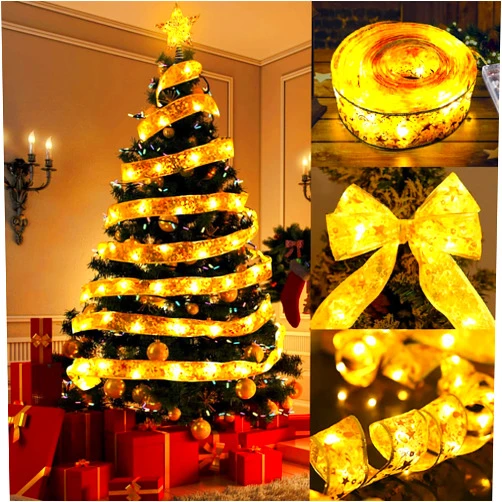 Sunmile Christmas Tree Decorations Ribbon Lights Fairy Lights Battery-Powered Copper Wire Ribbon Bows Lights for Xmas Tree New Year Wedding Party Decor