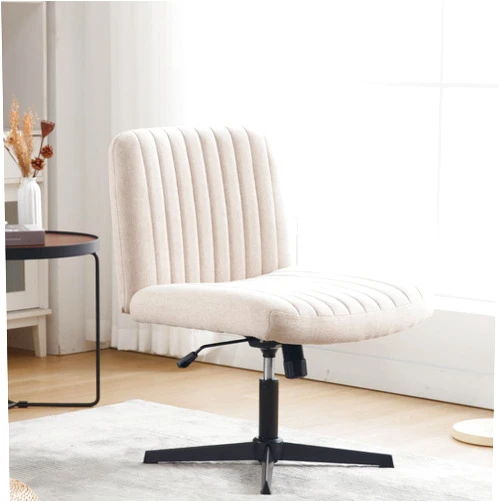 ESTRUCO Armless Office Chair no Wheels Wide Desk Chair No arm Fabric Mid Back Accent Chair Vanity Chair for Girl Women Computer Task Chair(Linen, Beige with Cross Base)