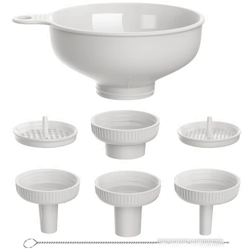 Pisol Wide Mouth Versatile Funnel, Canning Funnels for Kitchen Use, Food Grade Plastic Cooking Funnel Set with 4 Size Spouts and 2 Strainers for Filling Different Bottles and Bags, Grey