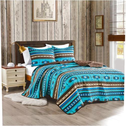 Jaba 3-Piece Fine Printed Oversize King Size Quilt Set, All-Season Bedspread Native American Tribal Navajo Pattern Coverlet with Pillow Shams Bed Cover (Turquoise Blue, Brown, Khaki, Southwestern)