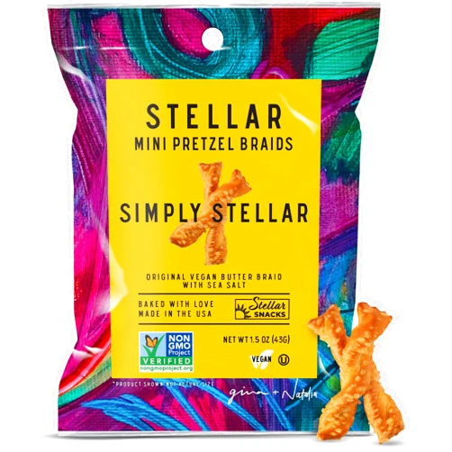 STELLAR SNACKS Stellar Pretzel Braids, Sea Salt, 24 Mini Individual Bags (1.5 oz each) Vegan Pretzel Rods, Salted Pretzel Sticks