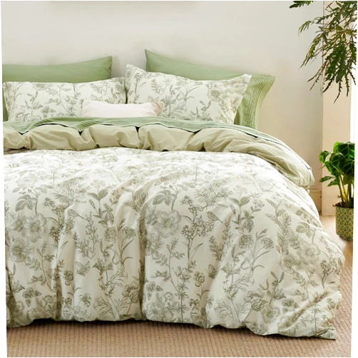 Bedsure Duvet Cover Queen Size - 100% Cotton Botanical Green Duvet Cover Set with Zipper, Reversible Floral Bedding Comforter Cover, 3 Pieces, 1 Soft Duvet Cover 90