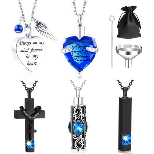 ANTESCORT 5 Piece Urn Necklace, Ashes Cremation Jewelry, Blue Crystal Heart Cross Cube Ashes Necklace, Ash Cremation Keepsake Jewelry Men's and Women's Ashes Keepsake with Small Spoon, Funnel, Velvet Pouch