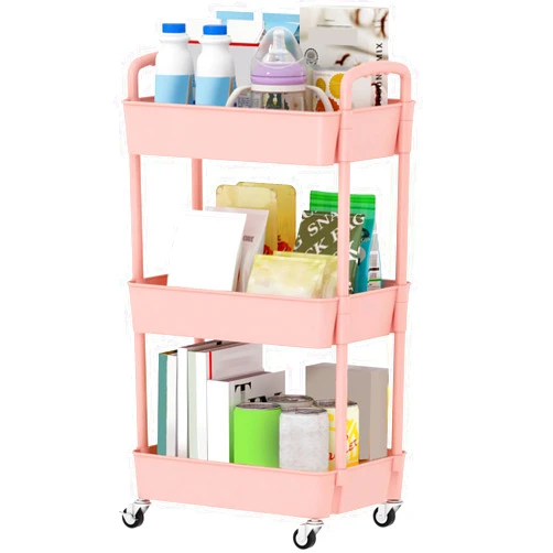 Sywhitta 3-Tier Plastic Rolling Utility Cart with Handle, Multi-Functional Storage Trolley for Office, Living Room, Kitchen, Movable Storage Organizer with Wheels, Pink