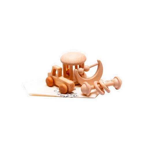 WOODEN TEETHER Wooden Baby Toys Montessori Toys Set Wooden Rattles Grasping Toys Wood Ring 4pcs,Pick-up Truck Toy Set